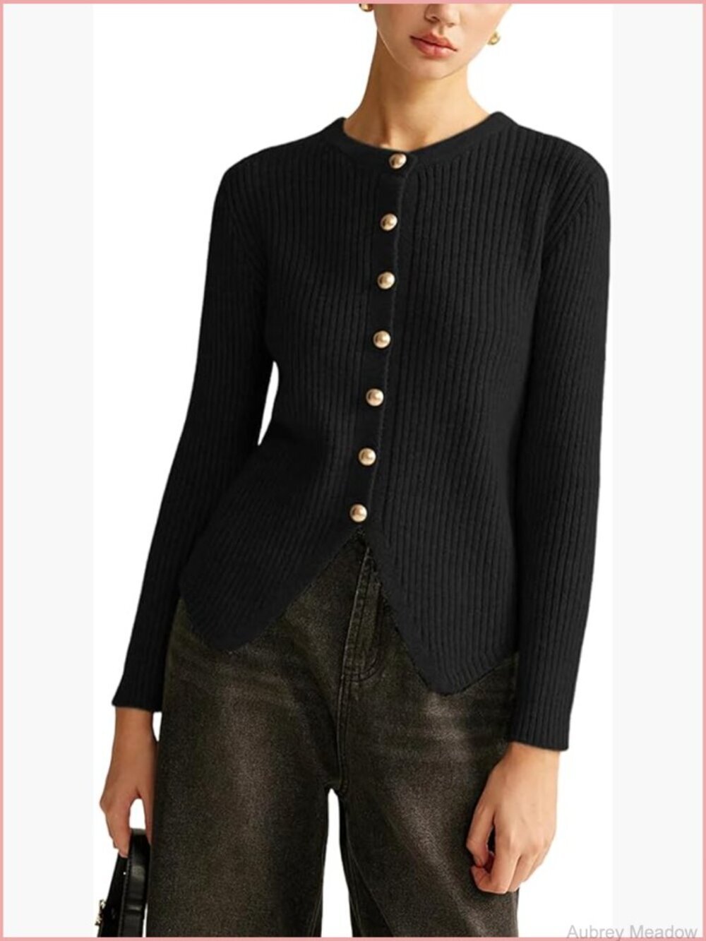 Gold Button Split Cardigan Cable Knit Long Sleeve